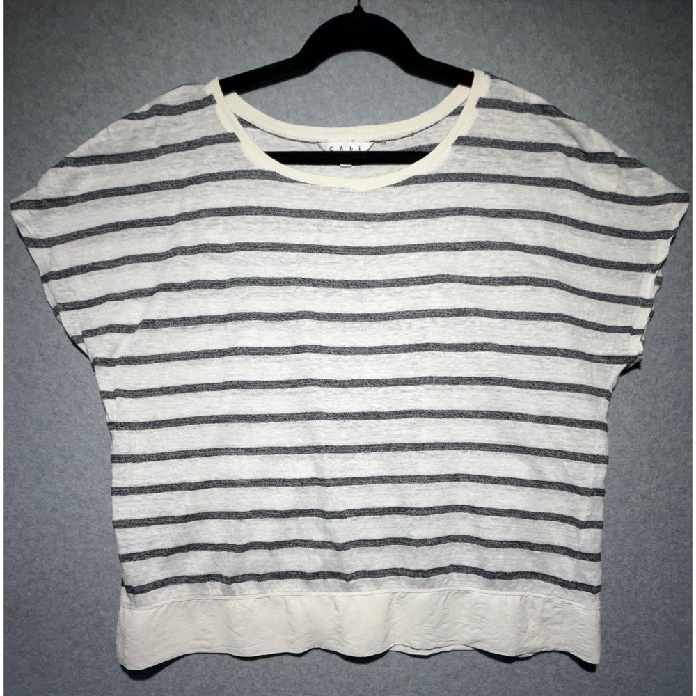 Cabi Striped Linen Blend Top Cream Charcoal Short Sleeve Boxy Tee Large